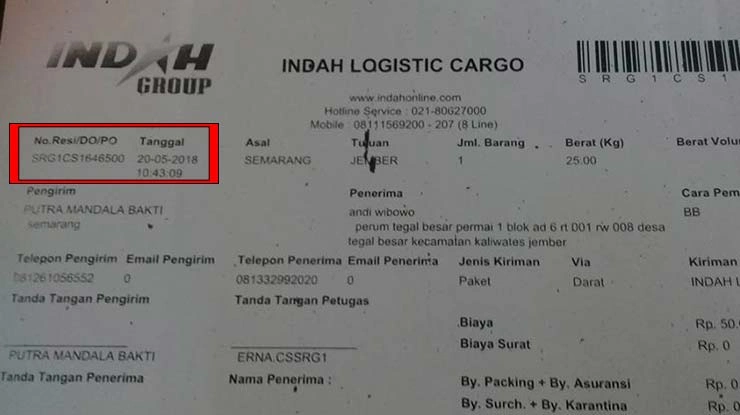 Contoh Nomor Resi Indah Logistic Cargo